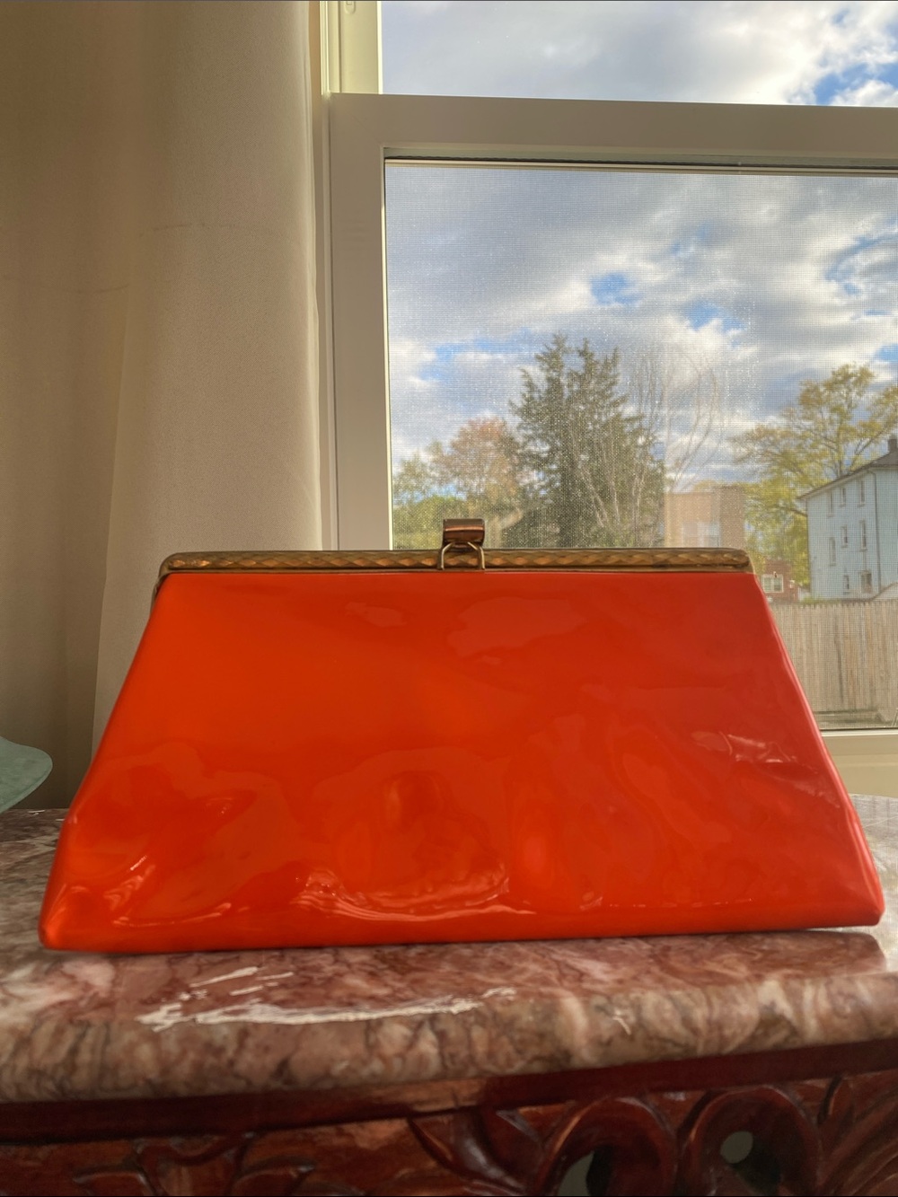 Vintage 60’s Mod Orange Patent Clutch Gold Retro Evening Bag